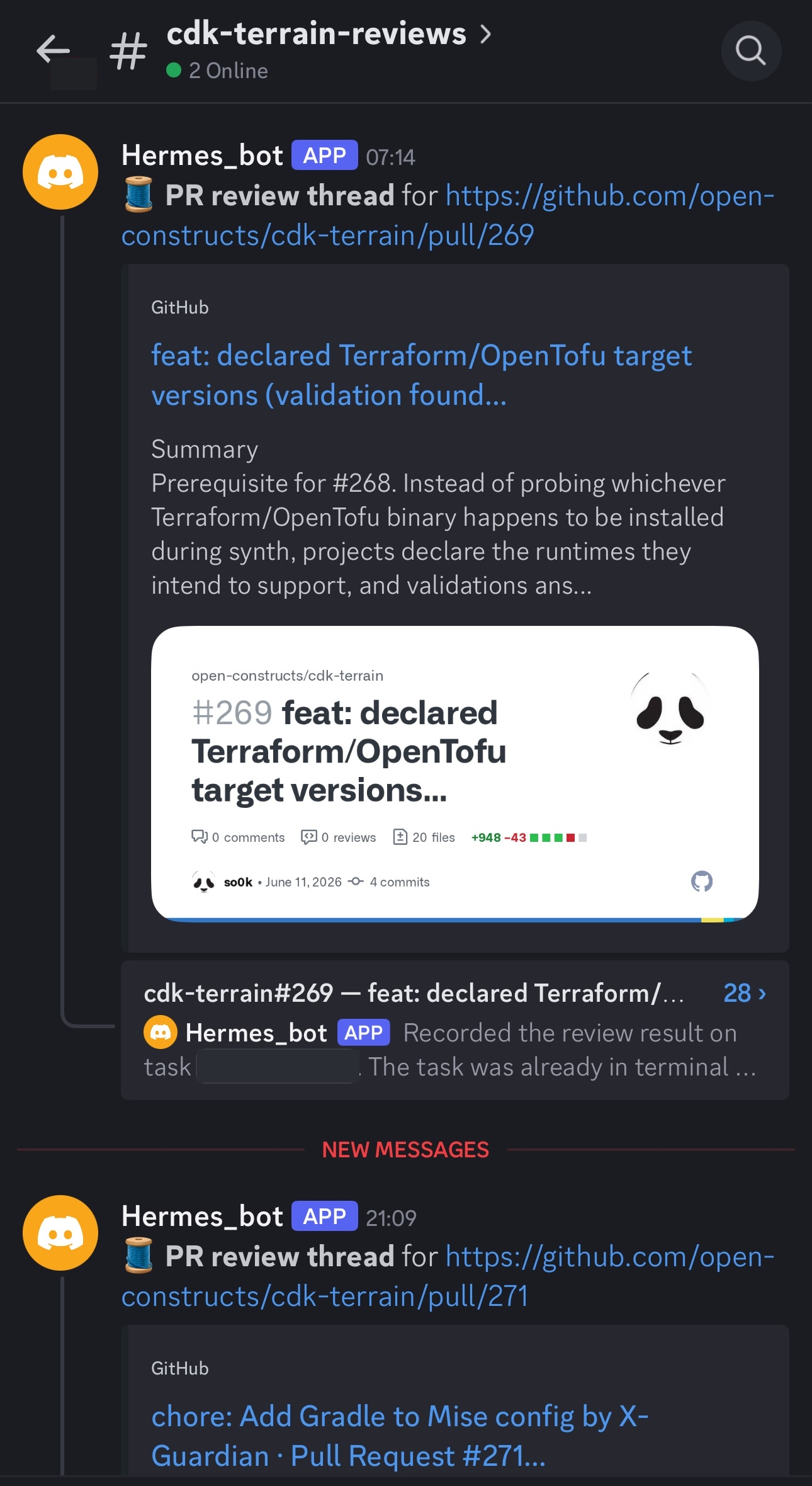 Mobile Discord screenshot of persistent PR review threads in the cdk-terrain review channel. The unread badge and internal task id are redacted.